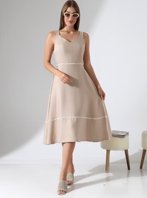 Resim Mois Atelier Bej Keten Askılı Dantel Detaylı Çan Etek Midi Kadın Elbise Tasarım Büyük Beden 