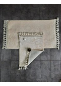 Resim Elite Krem Ponpon Saçaklı Peluş 2'li Banyo Paspası Halısı Kaymaz Krem 