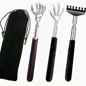 Resim 3/4 parça paslanmaz çelik geri çekilebilir sırt kazıyıcı seti, farklı tasarımlarla, güzel bir hediye çantası ile birlikte gelir, taşınabilir genişletilebilir sırt masaj aleti, erkekler veya kadınlar için tabanlık uygun 