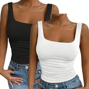 Resim Kadınların Seksi Kare Yaka Kolsuz Atlet Seti - Siyah ve Beyaz, Esnek Polyester Karışımı, Bel Detayı ile Diz Boyu, Yaz Egzersizleri için Mükemmel, Yaz Egzersiz Giyim | Şık Kolsuz Üst | Rahat Fi 