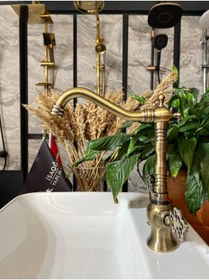 Resim İSAOĞLU YAPI Antik Gold Kempinski Rustik Mutfak Bataryası Mat Altın Evye Musluğu Eskitme Batarya Rustik Musluk 