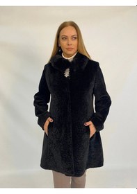 Resim Moda Berray Yakası Kürk Detaylı Broşlu Astragan Kaban Siyah 