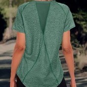 Resim Kadınlar İçin Spor Yeşil Tişört - Nefes Alabilen Kısa Kol Antrenman Üstü, Arka Panel Fileli Hafif Esnek /Elastan Karışımı Bol Fit Jimnastik Yoga Gömleği, Tüm Mevsimler İçin Eğitim ve Casual Giyim (Düz Renk) 