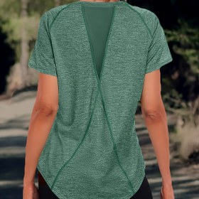 Resim Kadınlar İçin Spor Yeşil Tişört - Nefes Alabilen Kısa Kol Antrenman Üstü, Arka Panel Fileli Hafif Esnek /Elastan Karışımı Bol Fit Jimnastik Yoga Gömleği, Tüm Mevsimler İçin Eğitim ve Casual Giyim (Düz Renk) 