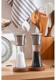 Resim Ahşap Standlı Cam Tuz Karabiber Değirmeni Paslanmaz Çelik Kapak 2 Li Set Çok Renkli 