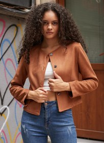 Resim Jument Kadın Esnek Süet Kumaş Sıfır Yaka Flato Cepli Uzun Kol Blazer Ceket-Taba 