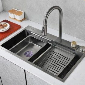 Resim Mutfak Evyesi Teknolojik Akıllı Yağmurlama Armatür 75x45x20cm Ankastre Evye Seti Evye Robot Evye Antrasit 