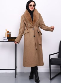 Resim İmajButik Camel Yaka Kürklü Kuşaklı Kaşe Kaban 
