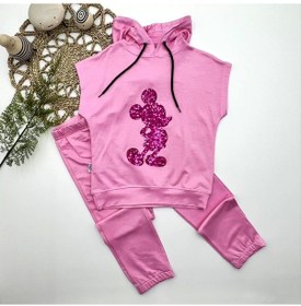 Resim 3-4-5 Yaş Kapşonlu Payetli Mickey Desenli Kısa Kol 2li Kız Erkek Çocuk Takımı Pembe Pembe 