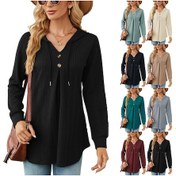 Resim Sones Sonbahar Kış V Yaka Bol Uzun Kollu Kapüşonlu Sweatshirt Kadın Dış Giyim Bordo 