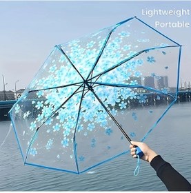 Resim Cordial Mavi Desenli Çiçek Şeffaf Şemsiye - Rüzgara Dayanıklı Katlanır Portatif 