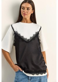 Resim Shade Kadın Dantel Saten Detaylı Katmanlı Görünümlü T-shirt 1084 60286103 - Beyaz-siyah Beyaz - Siyah 