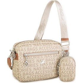 Resim Nas Bag Kadın Çapraz Çanta Mini Cüzdanlı Ayarlanabilir Askılı Vizon Taba Yazılı Taba 
