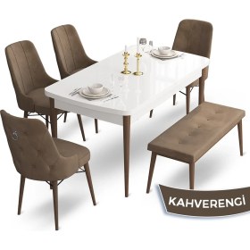 Resim Canisa Concept Taç Serisi 80 x 132 cm Beyaz Masa Ceviz Ayak Yemek Masası Takımı 4 Sandalye Gümüş Halkalı ve 1 Bench 