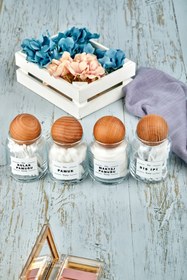 Resim FBZhome 4'lü Ahşap Top Kapaklı Diş Ipi & Pamuk & Makyaj Pamuğu & Kulak Pamuğu Organizeri 300 Ml Cam Pamukluk 