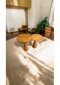 Resim Simillo Wood Ahşap 2'li Set Mantar Yan Sehpa Modern Fiskos / Tik Ağacı Renk / Zigon Sehpa Vernikli Kahverengi 