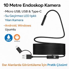 Resim 10 Metre Endoskop Kamera Su Geçirmez Led Işıklı Boroskop Yılan Kamera Android Uyumlu Micro+usb+type-c 