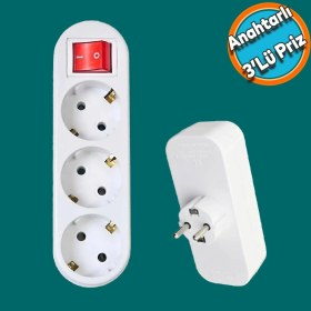Resim Nzb Anahtarlı Düğmeli 3'lü Grup Priz Fiş Priz Topraklı Çoklu Çoğaltıcı Kablosuz 