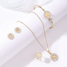 Resim Şık ve minimalist 4 parça yonca takı seti, sentetik taşlı paslanmaz çelik yüzük + ayarlanabilir açık bileklik + 45 cm kolye kombinasyonu. Nişan, düğün, plaj tatilleri, Noel, Cadılar Bayramı veya çeşitli bayramlar için hediye olarak ideal 