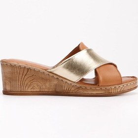 Resim İç Dış Hakiki Deri Dolgu Taban Çapraz Bantlı Kadın Terlik Taba 