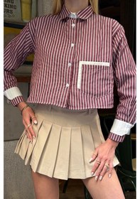 Resim Bordo Manşet Ve Cepleri Garnili Çizgili Oversize Crop Dokuma Gömlek Bc231036 Çok Renkli 