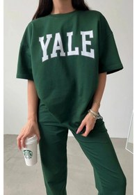 Resim Yale T-shirt Eşofman Altı Jogger - Yeşil Baskı Alt Üst Eşofman Takımı Oversize Bisiklet Yaka Yeşil 