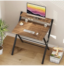 Resim Bodo Metal Ayaklı Laptop Masası Katlanır Çalışma Masası Raflı Masa Katlanır Laptop Sehpası Siyah-çam 