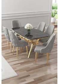 Resim Canisa Asel Serisi 90x160 Lak Panel Siyah Mermer Desen Gold Detay Masa Takımı Ve 6 Gri Sandalye Siyah Mermer Desen Masa Gri Sandalye Ayaklar Gold 