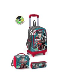 Resim Coral High Kids Gri Nefti Anime Motorsiklet Desenli Üç Bölmeli Çekçekli 3'lü Çanta Seti Set0123964 