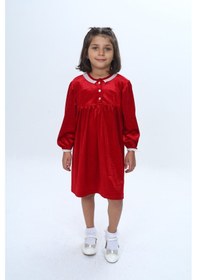 Resim Toontoy Kids Toontoy Kız Çocuk Yaka Düğmeli Fırfırlı Elbise Kırmızı 