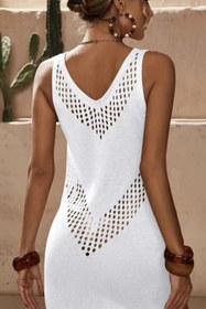 Resim Arden Triko Plaj Elbisesi, Mini Bikini Üstü Elbise, Kolsuz Yaz Havuz Beach Parti Tunik, Siyah, Beyaz,Vizon 