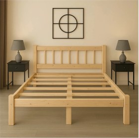 Resim Pinoxi 200CM x 200CM Doğal Masif Ahşap Yuvarlak Çıtalı Başlıklı Karyola Doğal Ahşap Natural Renk 