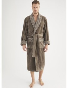 Resim Yaka Jakarlı %100 Cotton Erkek Bornozu Haki 