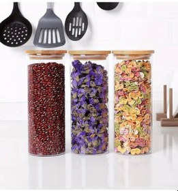 Resim 3 Adet 1300 Ml Bambu Kapaklı Yuvarlak Bakliyat Seti Kavanozu 