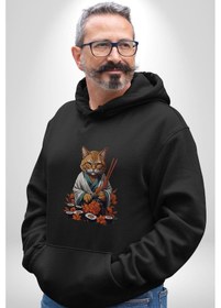 Resim Suşi Balık Çiçek Japon Kedi Kadın Erkek Siyah Kapüşonlu Sweatshirt Hoodie Siyah 
