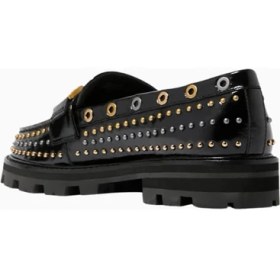 Resim Mansion Stud Loafer, Siyah Rugan ve Antik Metal Detaylı Lüks Erkek / Kadın Ayakkabı 