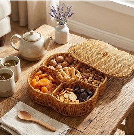 Resim Buffer Kapaklı 5 Bölmeli Plastik Rattan Organizer Kutu Hasır Desenli Çok Amaçlı Saklama Ve Sunum Sepeti Çerezlik Sarı 