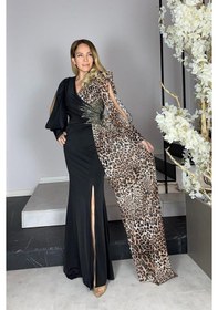 Resim Ges Moda G1296 Leopar Detaylı Tasarım Abiye Elbise Siyah Siyah 