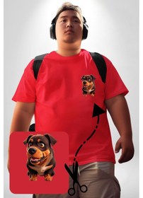 Resim Angemiel Sevimli Çoban Köpeği Kırmızı Büyük Beden Kadın Basic Minimal Baskılı Tişört Kırmızı 