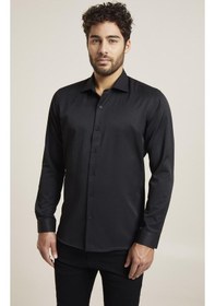 Resim Efor Slim Fit Pamuk Saten Klasik Siyah Gömlek Gk 604 Siyah 