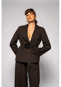 Resim Kadın Acı Kahve Çizgili Gül Detaylı Blazer Acı Kahve 