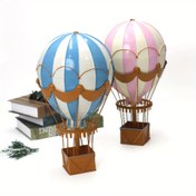 Resim Vintage El Yapımı İskandinav Sıcak Hava Balonu Demir Sanat Dekoru - Mavi & Pembe Çizgili Tasarım ile Halat Sınırı, Ev veya Ofis Dekoru için Mükemmel, Sanatsal Sergi | Çizgili Desen | Dokuma Sepet Detayı, Oda Dekoru için Mükemmel 