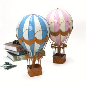 Resim Vintage El Yapımı İskandinav Sıcak Hava Balonu Demir Sanat Dekoru - Mavi & Pembe Çizgili Tasarım ile Halat Sınırı, Ev veya Ofis Dekoru için Mükemmel, Sanatsal Sergi | Çizgili Desen | Dokuma Sepet Detayı, Oda Dekoru için Mükemmel 