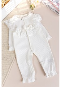 Resim Babymod Güpürlü Fiyonklu 100% Pamuk Kız Bebek Tulum Ekru 