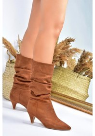 Resim Fox Shoes Taba Süet Kısa Topuklu Büzgülü Kadın Bot L404810602 