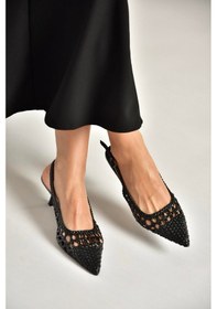 Resim Fox Shoes Y820026509 Siyah Örgü Detaylı Alçak Topuklu Kadın Ayakkabı Siyah 