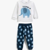 Resim Erkek Bebek Pamuklu Pijama Takımı Fil Baskılı Sweatshirt ve Beli Lastikli Pijama Altı 2 Parça 