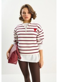Resim Shade Kadın Kalp Nakışlı Dik Yaka Yarım Fermuarlı Çizgili Sweatshirt 6089 60283714 - Beyaz-bordo Çok Renkli 
