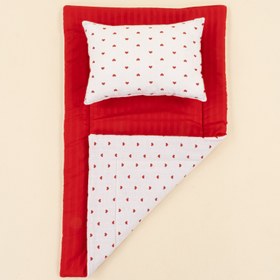 Resim Alt Açma Matı ve Yastık - Çift Taraflı - Kırmızı Saten - Kırmızı Kalp 