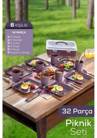 Resim 32 Parça 6 Kişilik Taşınabilir Piknik Seti - Saklama Kutulu Mor Mor 